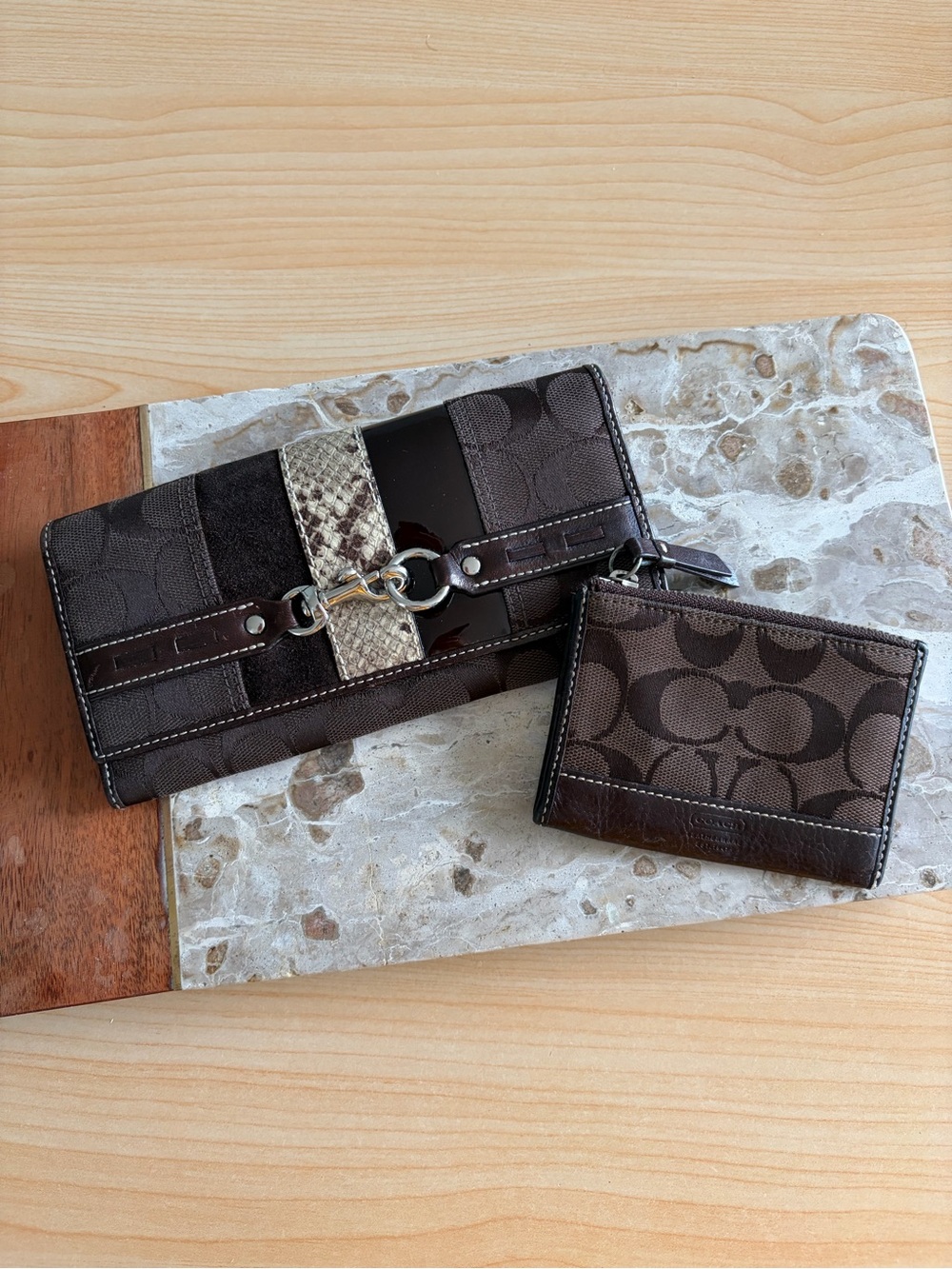 RARE Coach Chocolate Brown Belted Signature C Wallet + Card Holder Set